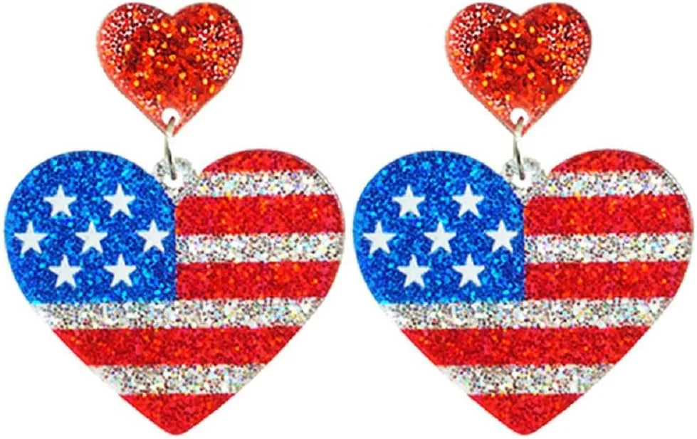 4th of July Patriotic Earrings Shinning Red White Blue Star USA American Flag Teardrop Heart Sequin Acrylic Dangle Earrings for Women Independence Day Drop Earrings Memorial Jewelry