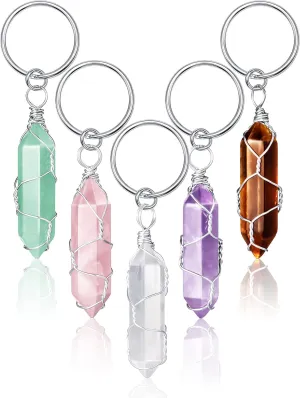 5 Pieces Crystals Stone Keychain Healing Stones Jewelry Hexagonal Crystal Keyring Quartz Pendants Keychain Quartz Crystal for Women