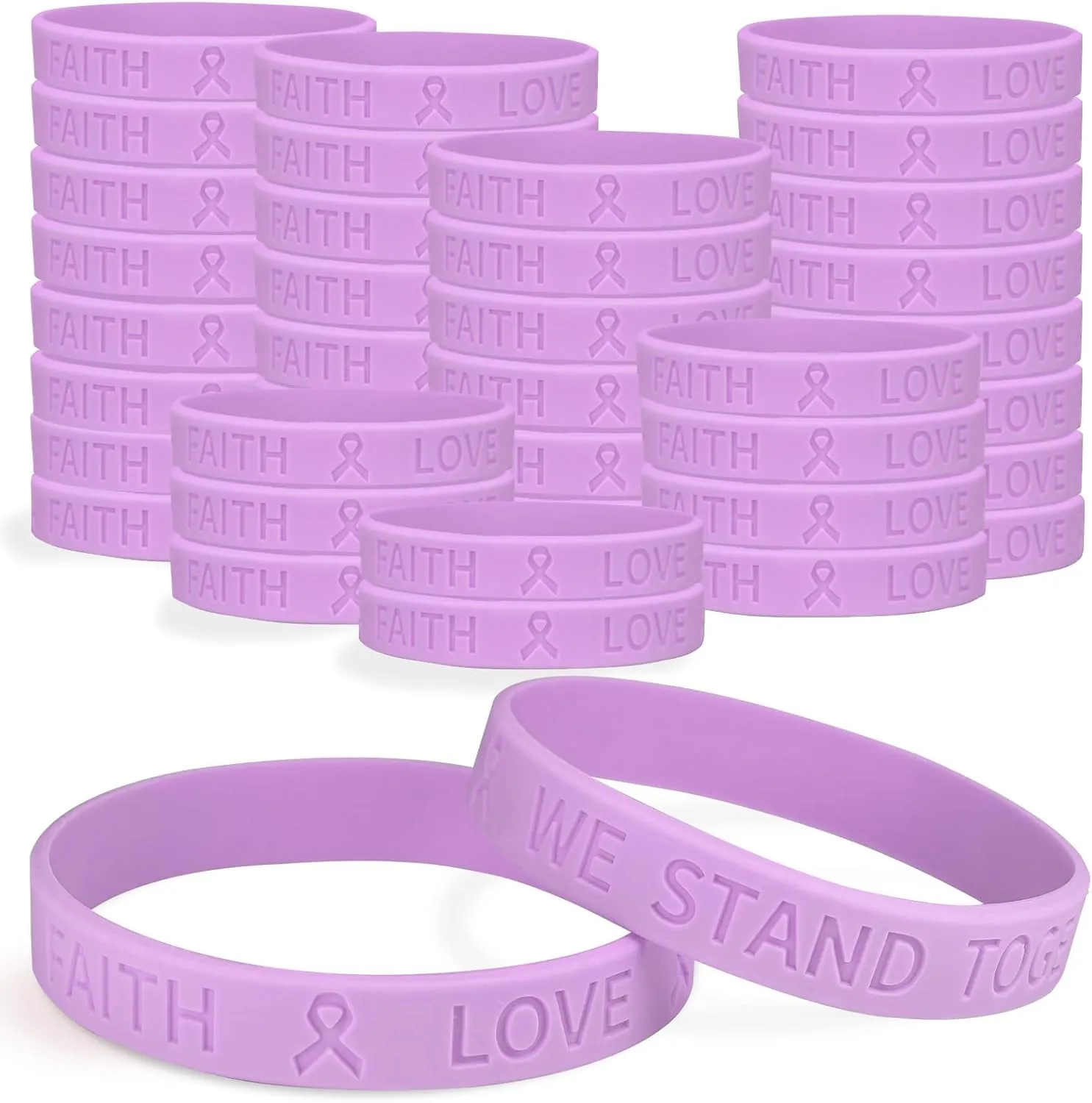 50 Pcs Lavender Cancer Ribbon Awareness Rubber Bracelets Bulk World Cancer Day Purple Awareness Items Vulvar Cancer Silicone Bracelet Caregiver Awareness Products Rett Syndrome Gifts