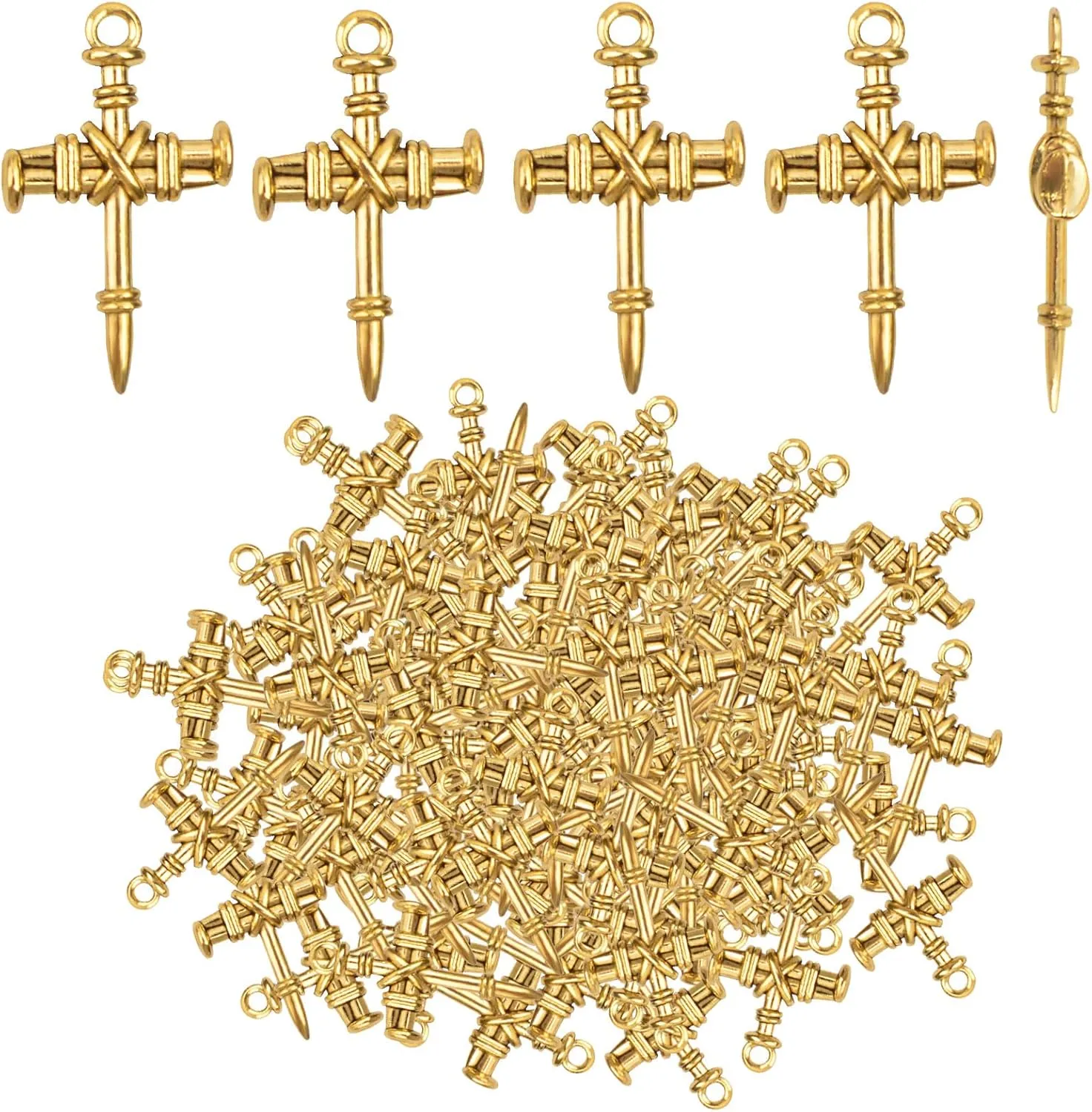 50pcs Religious Cross Charms Vintage Alloy Easter Christian Jesus Crucifix Cross Nail Dangle Pendants Craft Supplies for DIY Necklace Bracelet Jewelry Making, Antique Golden