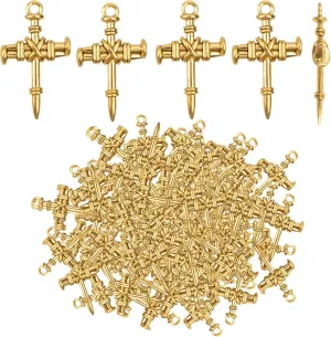 50pcs Religious Cross Charms Vintage Alloy Easter Christian Jesus Crucifix Cross Nail Dangle Pendants Craft Supplies for DIY Necklace Bracelet Jewelry Making, Antique Golden