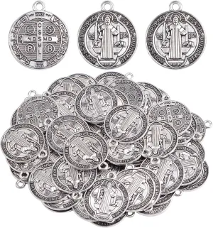 50pcs St Benedict Medals Metal Saint Pendants Double Sided Religious Cross Protection Charms for Women Men Necklace Bracelet Jewelry Making Gifts