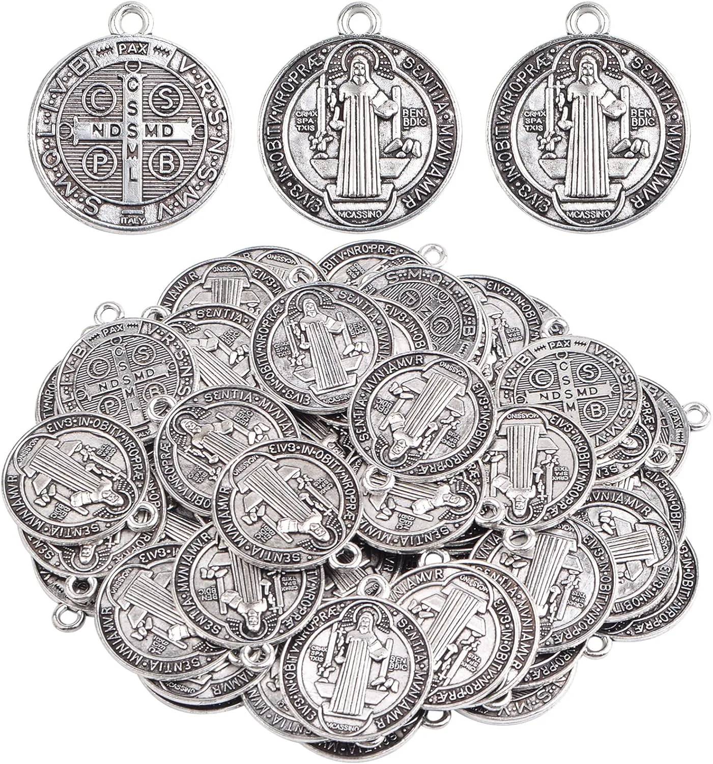 50pcs St Benedict Medals Metal Saint Pendants Double Sided Religious Cross Protection Charms for Women Men Necklace Bracelet Jewelry Making Gifts