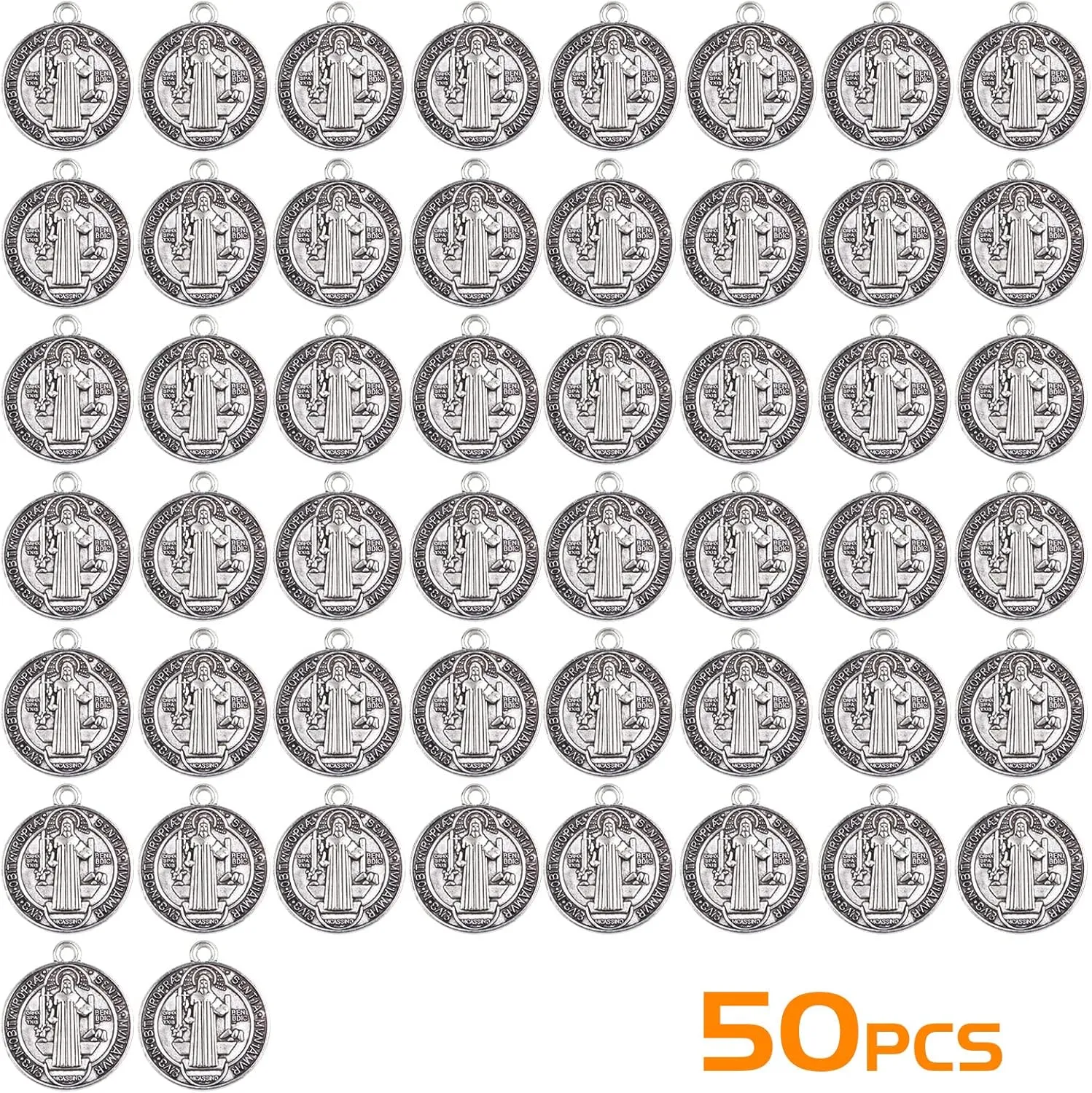 50pcs St Benedict Medals Metal Saint Pendants Double Sided Religious Cross Protection Charms for Women Men Necklace Bracelet Jewelry Making Gifts
