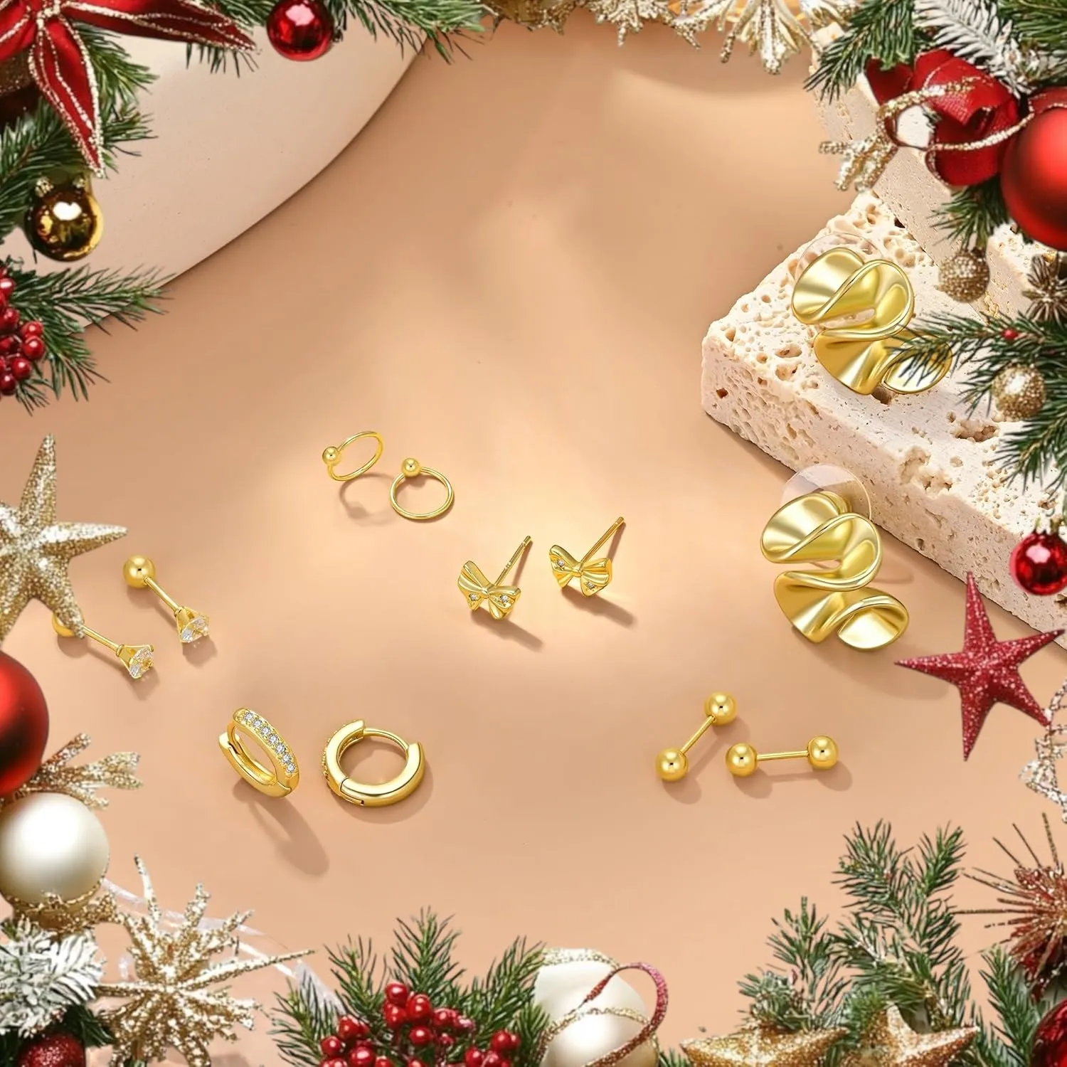 6 Pairs Gold Stud Earrings for Women, 14K Gold Plated Bow Stud Earrings for Women Ribbon Bow Stud Earrings Set Hypoallergenic for Sensitive Ears Jewelry Gift for Thanksgiving Christmas