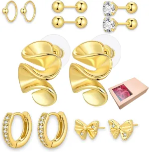 6 Pairs Gold Stud Earrings for Women, 14K Gold Plated Bow Stud Earrings for Women Ribbon Bow Stud Earrings Set Hypoallergenic for Sensitive Ears Jewelry Gift for Thanksgiving Christmas