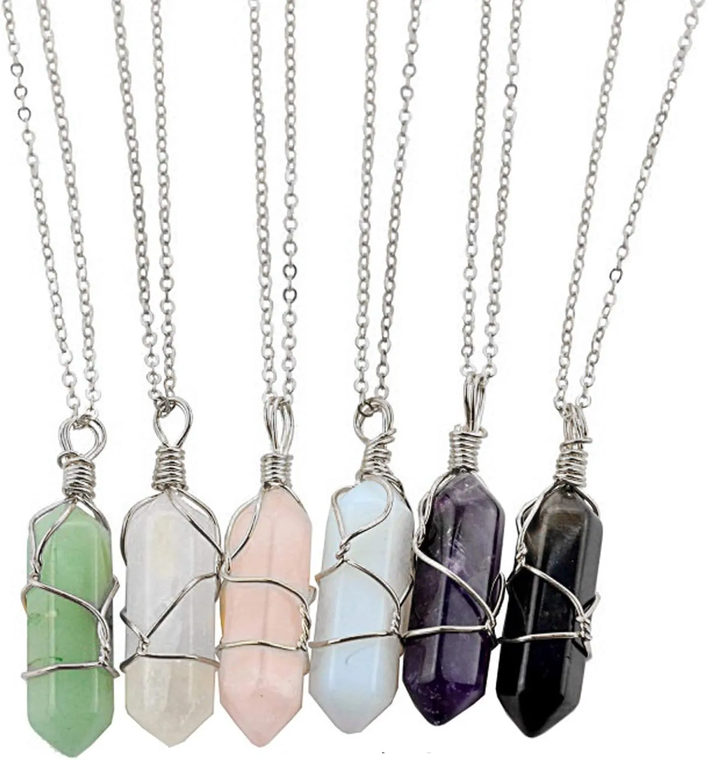 6 Pcs Hexagonal Crystal Pointed Quartz Natural Colorful Wire Wrapped Gemstone Stone Pendant Adjustable Necklace Friendship Couple Jewelry for Women
