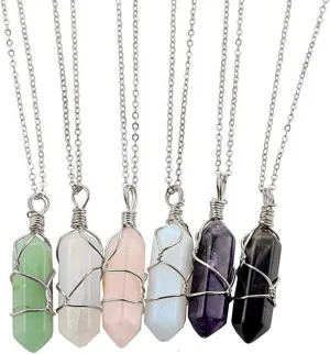 6 Pcs Hexagonal Crystal Pointed Quartz Natural Colorful Wire Wrapped Gemstone Stone Pendant Adjustable Necklace Friendship Couple Jewelry for Women