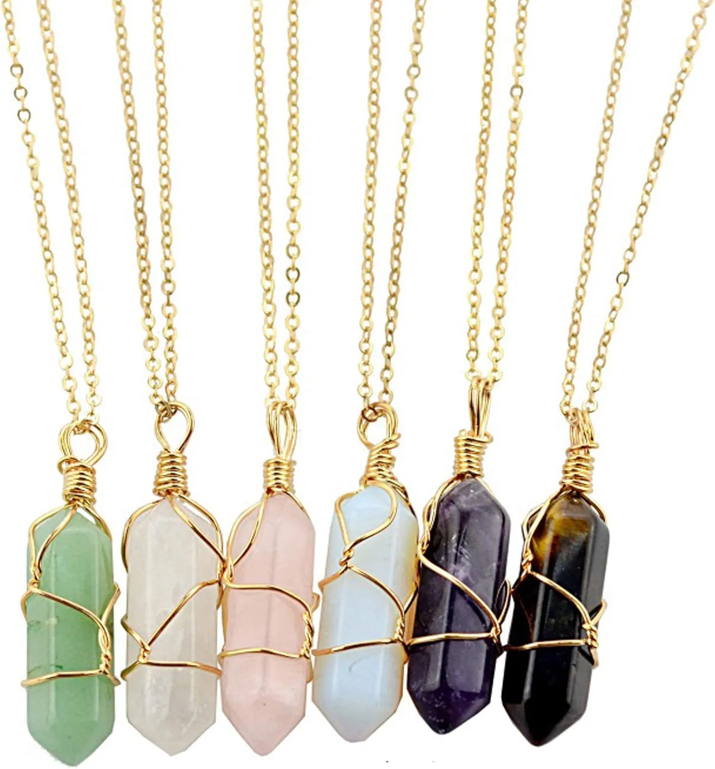 6 Pcs Hexagonal Crystal Pointed Quartz Natural Colorful Wire Wrapped Gemstone Stone Pendant Adjustable Necklace Friendship Couple Jewelry for Women