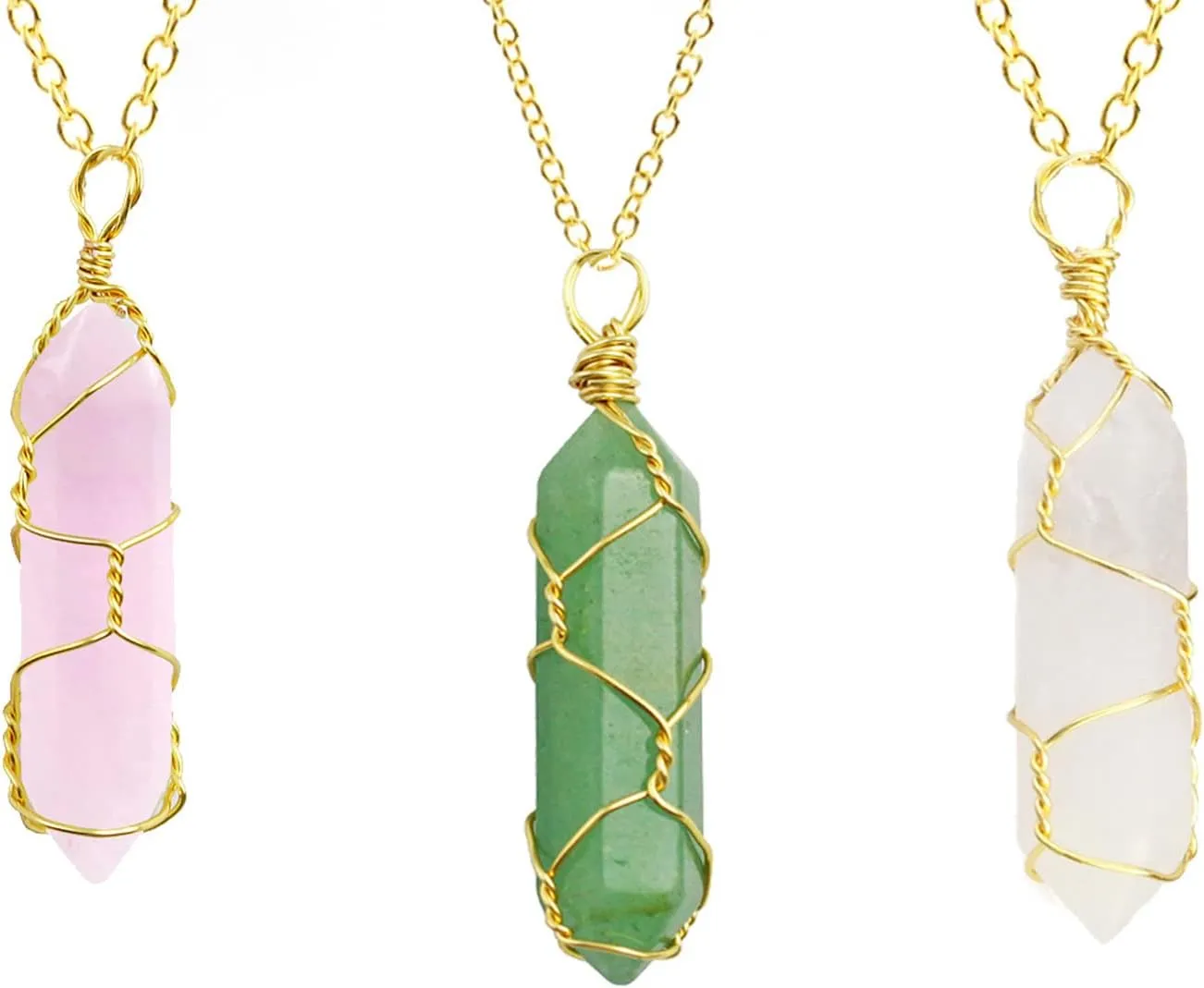 6 Pcs Hexagonal Crystal Pointed Quartz Natural Colorful Wire Wrapped Gemstone Stone Pendant Adjustable Necklace Friendship Couple Jewelry for Women