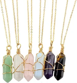 6 Pcs Hexagonal Crystal Pointed Quartz Natural Colorful Wire Wrapped Gemstone Stone Pendant Adjustable Necklace Friendship Couple Jewelry for Women