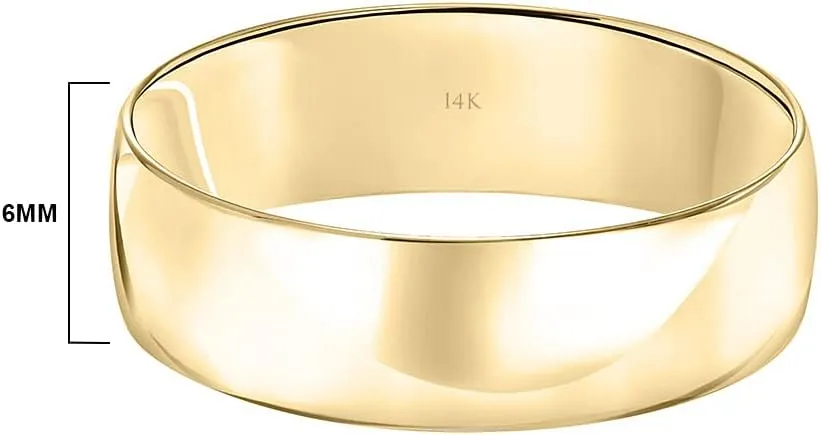 6MM Solid Gold Men's Wedding Band - Classic, Lightweight Wedding Ring for Men; 10K or 14K Yellow, White, or Rose Gold Jewelry; Plain Polished Wedding Band; Durable, Comfortable Gold Rings for Men,