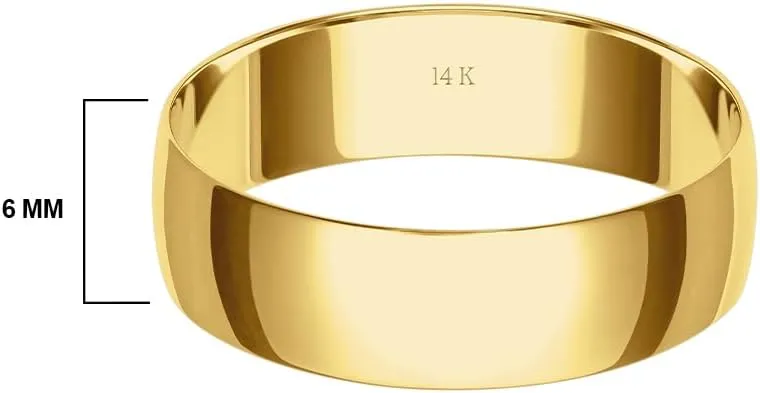 6MM Solid Gold Men's Wedding Band - Classic, Lightweight Wedding Ring for Men; 10K or 14K Yellow, White, or Rose Gold Jewelry; Plain Polished Wedding Band; Durable, Comfortable Gold Rings for Men,