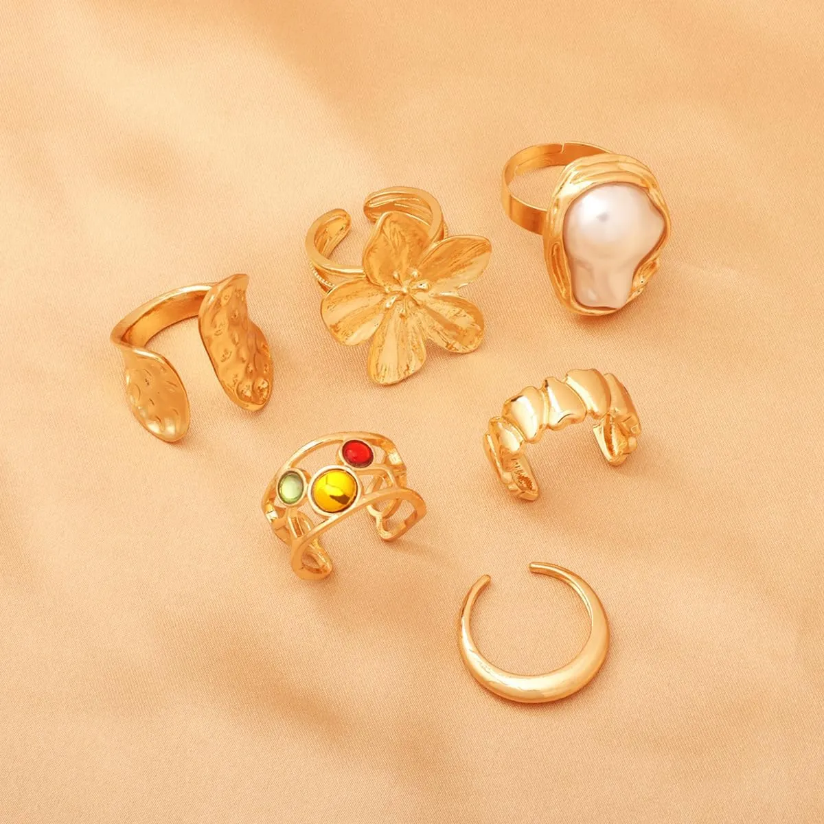 6Pcs Set Gold Tarnish Flower Chunky Rings Stackable Silver Statement Baroque Pearl Ring Vintage Knuckle Adjustable Rings Jewelry for Women
