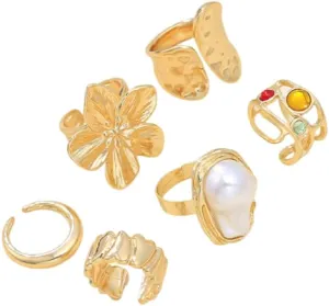 6Pcs Set Gold Tarnish Flower Chunky Rings Stackable Silver Statement Baroque Pearl Ring Vintage Knuckle Adjustable Rings Jewelry for Women