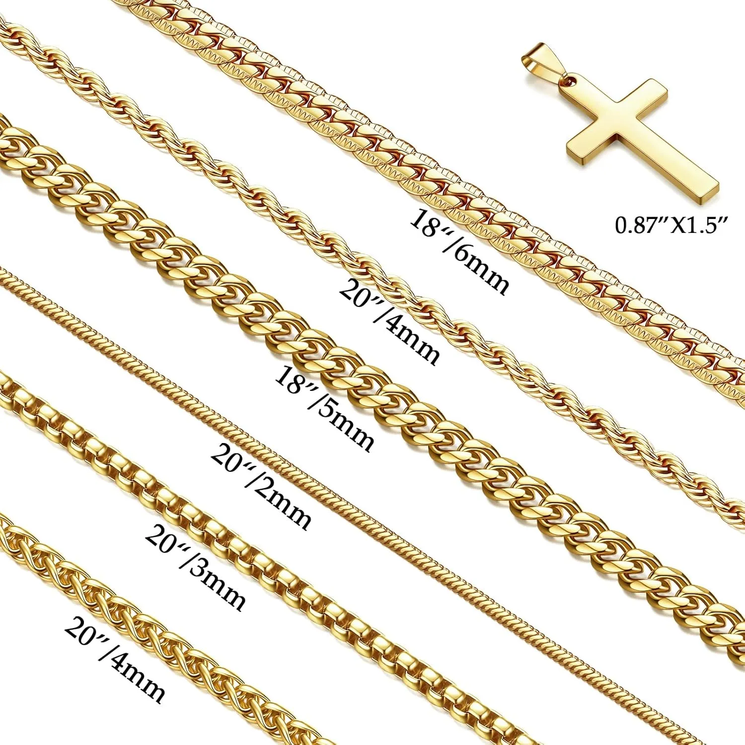 7 Pcs Mens Stainless Steel 18K Gold Plated Chain Necklace Jewelry Set for Men, 6 Chains and 1 Cross Pendant