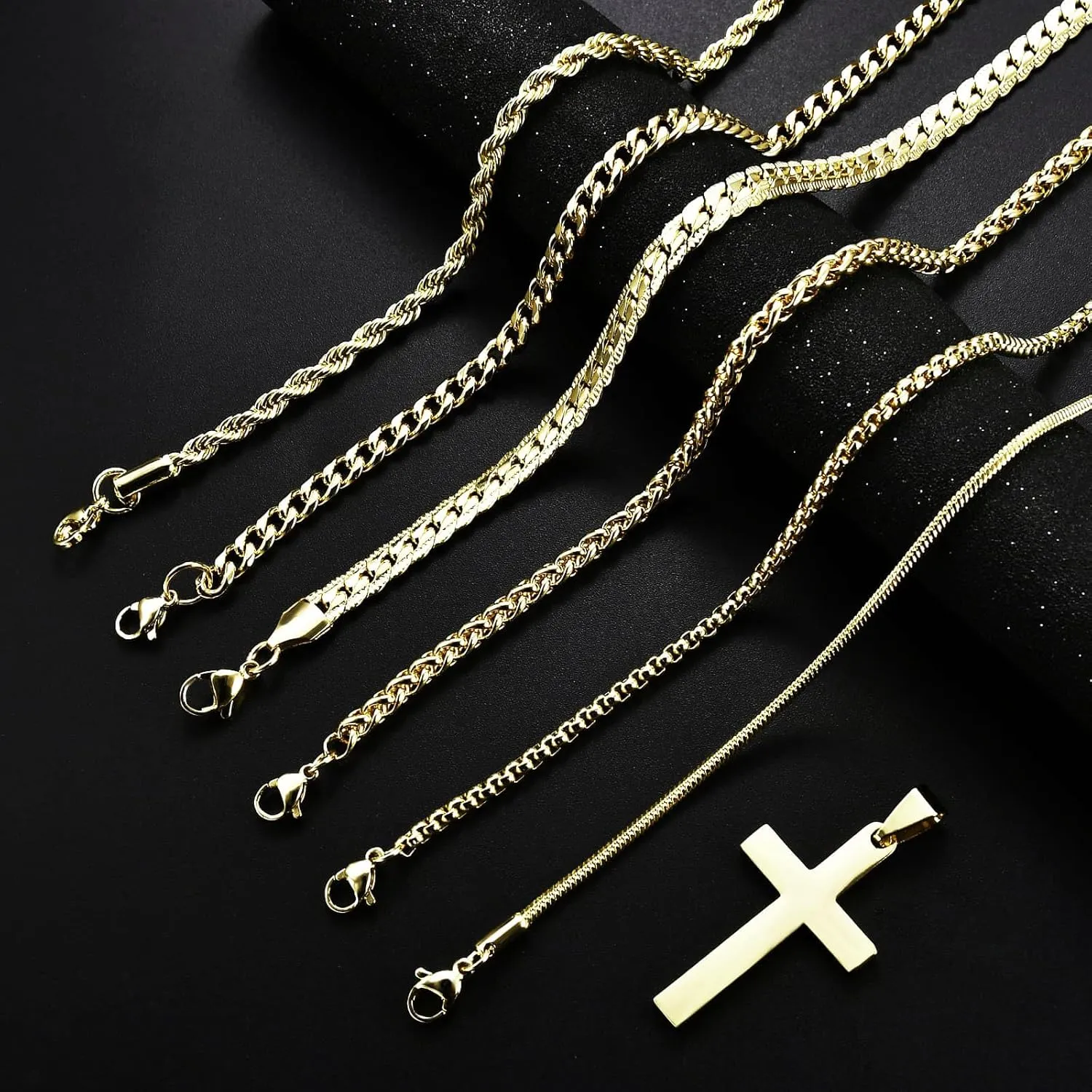 7 Pcs Mens Stainless Steel 18K Gold Plated Chain Necklace Jewelry Set for Men, 6 Chains and 1 Cross Pendant