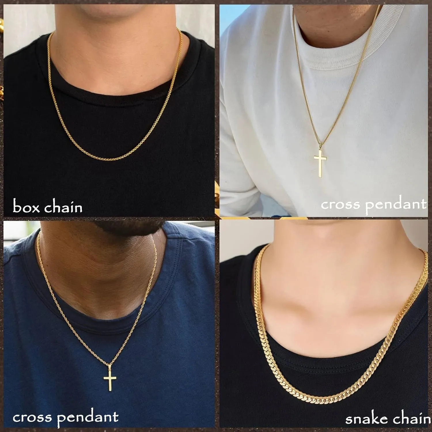 7 Pcs Mens Stainless Steel 18K Gold Plated Chain Necklace Jewelry Set for Men, 6 Chains and 1 Cross Pendant
