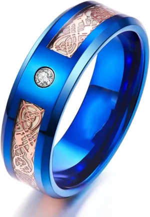 8mm Glow in The Dark Dragon Ring Royal Blue Stainless Steel Wedding Band Celtic Dragons Aurora Luminous Ring