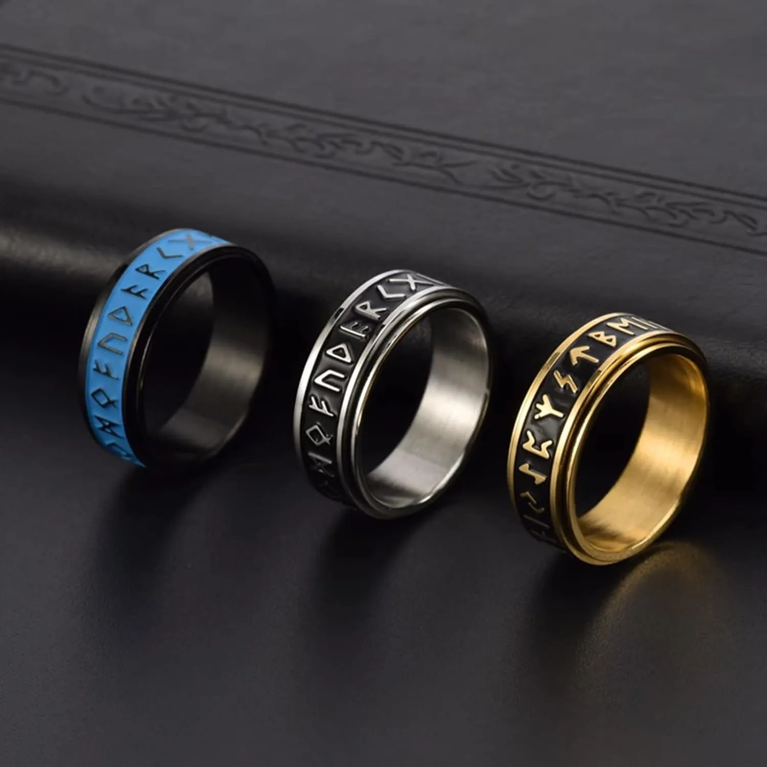 8mm Nordic Viking Rune Band Glow in The Dark Spinner Ring Runic Symbols Pagan Celtic Wedding Thumb Stainless Steel Luminous Rings Norse Jewelry for Men Women