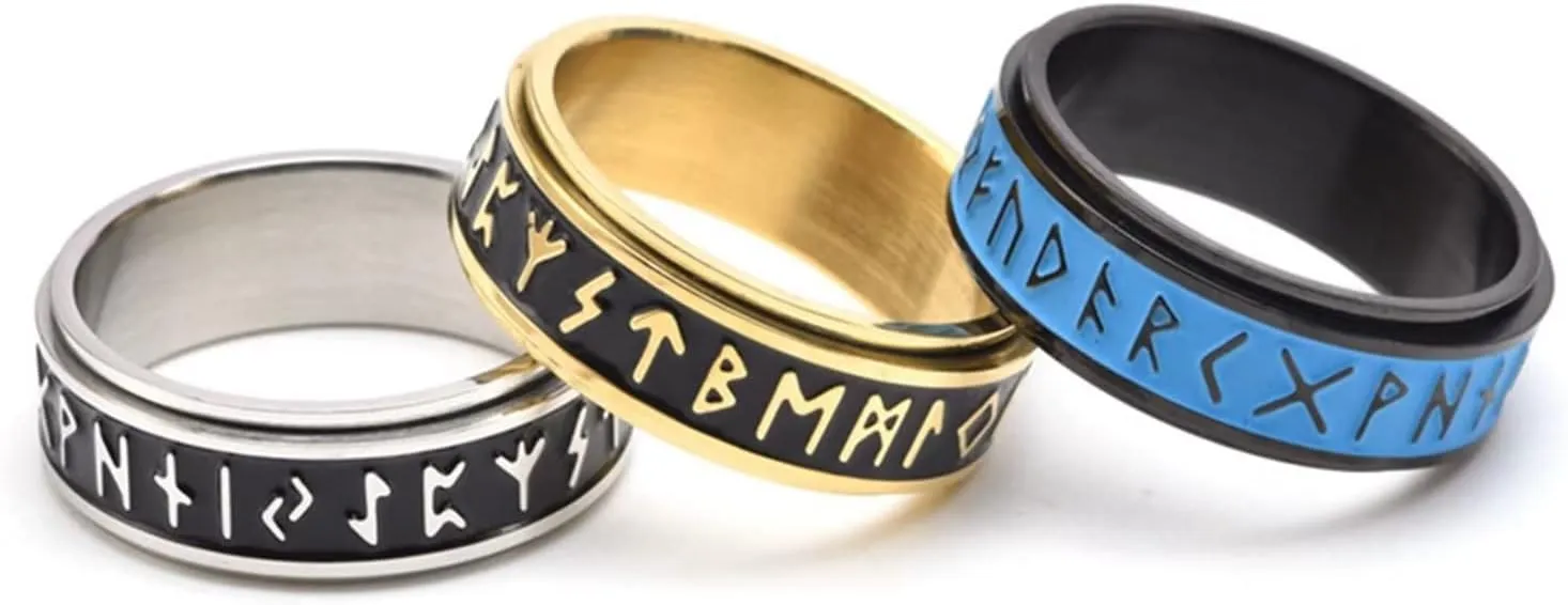 8mm Nordic Viking Rune Band Glow in The Dark Spinner Ring Runic Symbols Pagan Celtic Wedding Thumb Stainless Steel Luminous Rings Norse Jewelry for Men Women