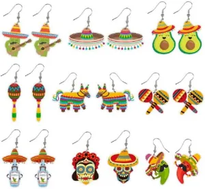 9 Pairs Cinco De Mayo Earrings for Women Mexican Fiesta Earrings Set Funny Pepper Racket Rainbow Horse Hat Cactus Guitar Chili Acrylic Drop Dangle Earrings Mexican Festival Jewelry Gifts