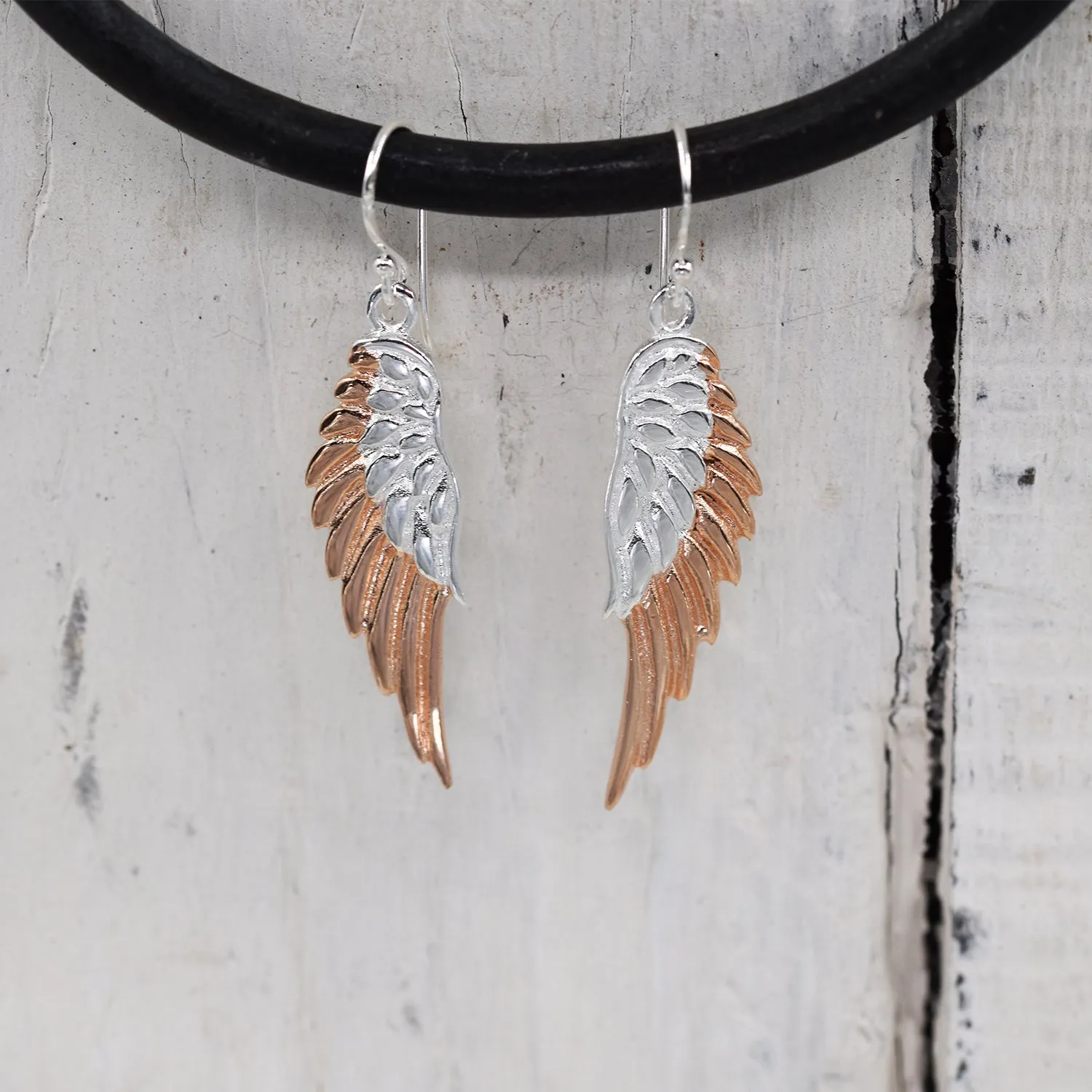 925 Silver angel wing drop earrings with rose gold plating