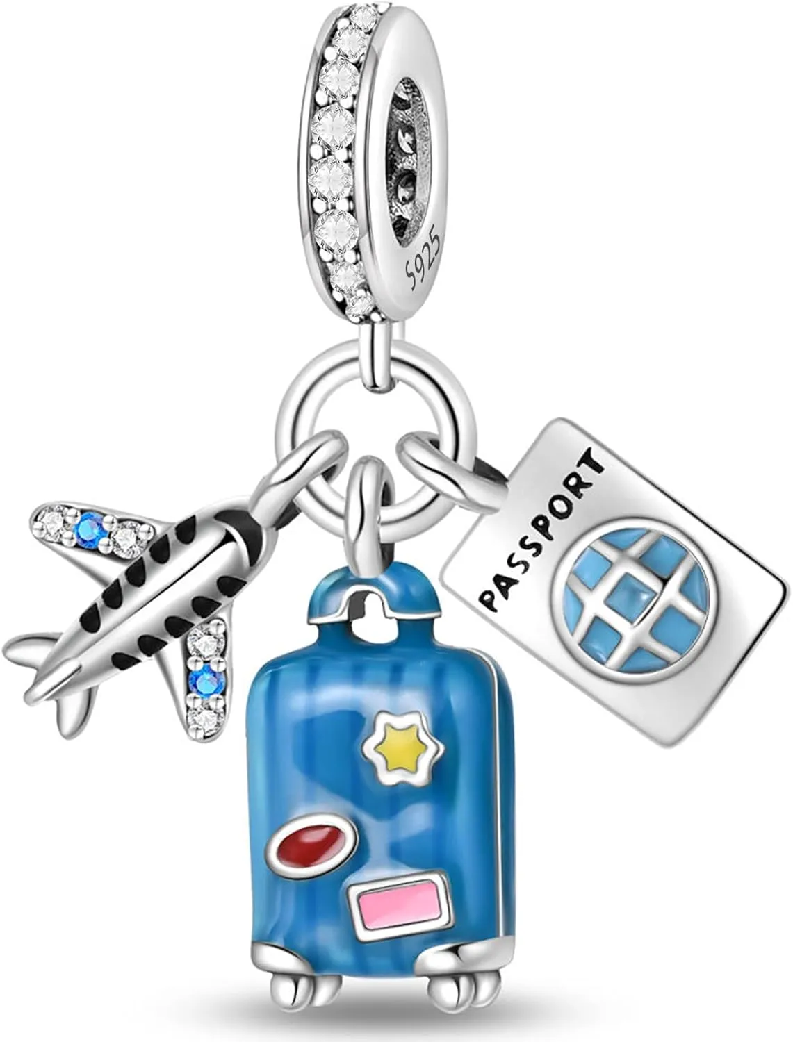 925 Silver Plated Charm for Pandora Bracelets, Copper Airplane Passport Suitcase Dangle Pendants Star Bead, Jewelry Charm Christmas Travel Gift