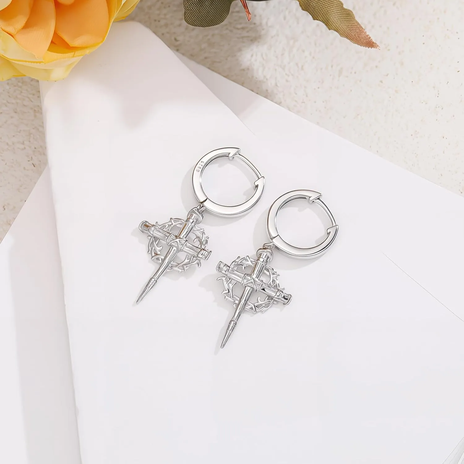 925 Sterling Silver Cross Hoop Earrings with 5A Cubic Zirconia Studs Earrings for Men and Women