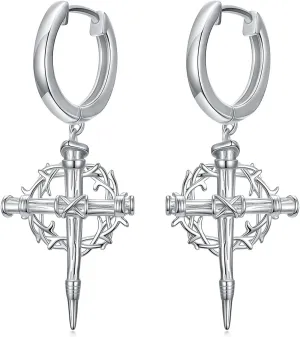 925 Sterling Silver Cross Hoop Earrings with 5A Cubic Zirconia Studs Earrings for Men and Women