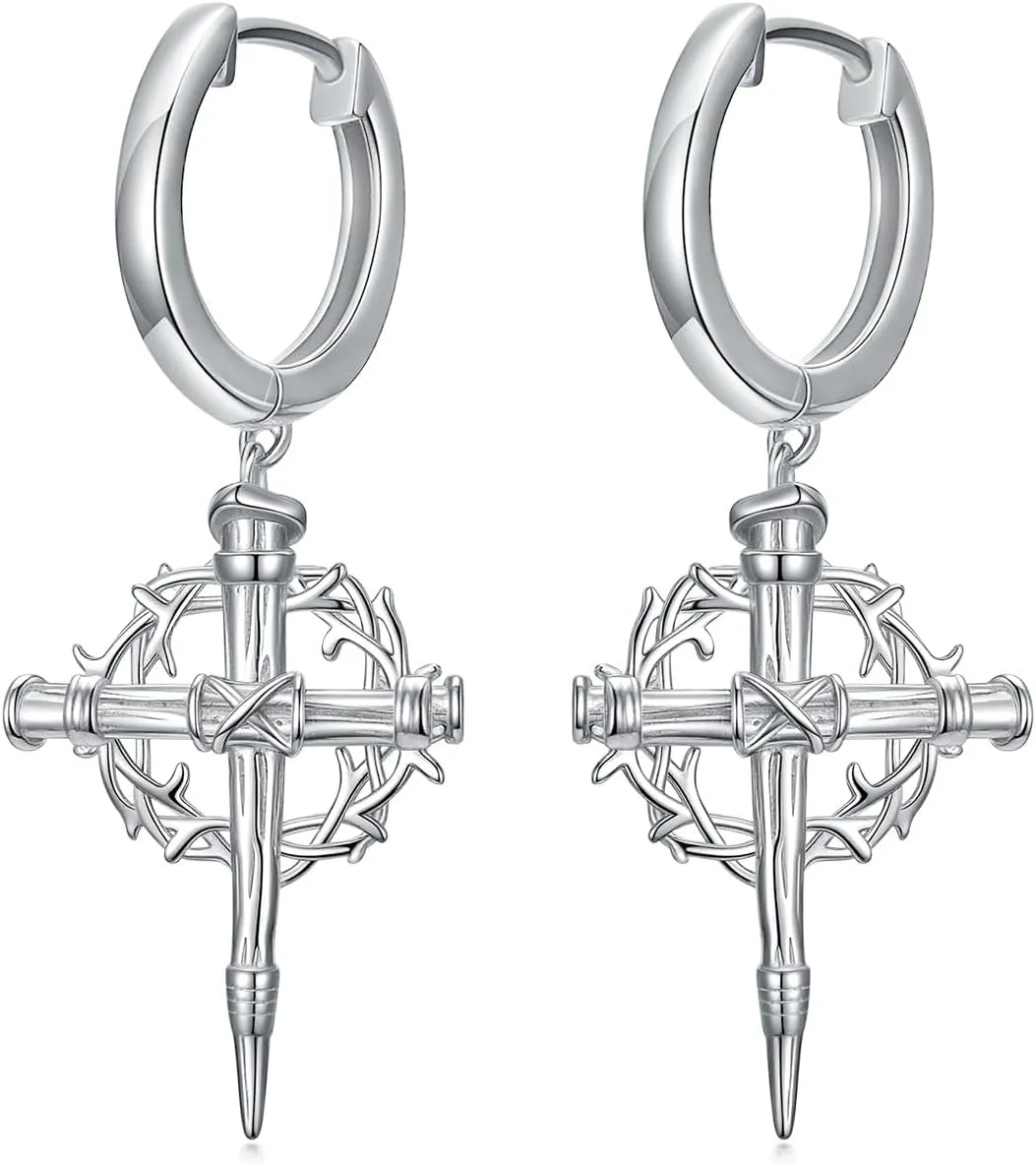 925 Sterling Silver Cross Hoop Earrings with 5A Cubic Zirconia Studs Earrings for Men and Women