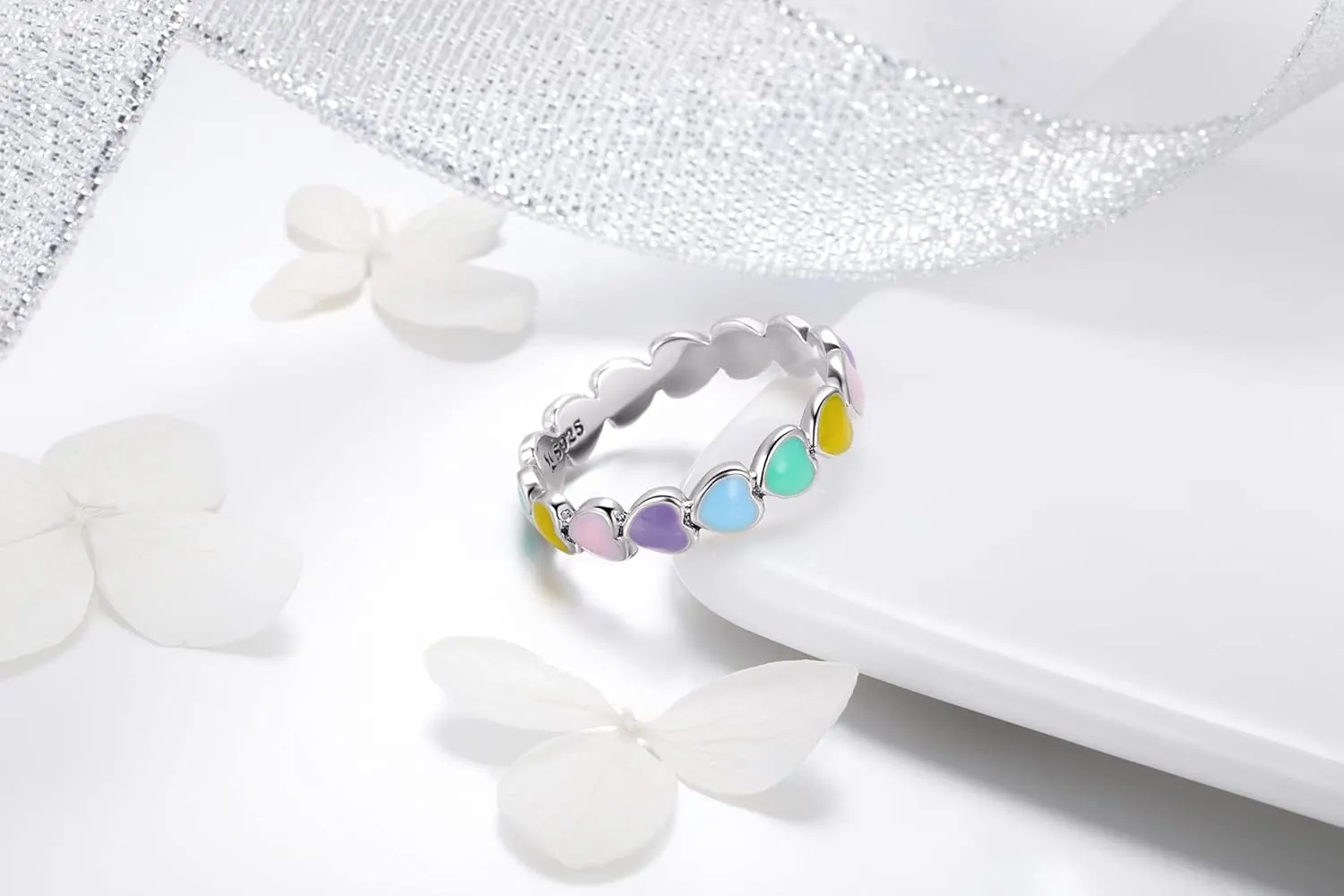 925 Sterling Silver Rainbow Heart Rings for Women Teen Girls Hypoallergenic Dainty Colorful Heart Finger Rings Promise Ring for Her Birthday Valentine's Day Christmas Gifts