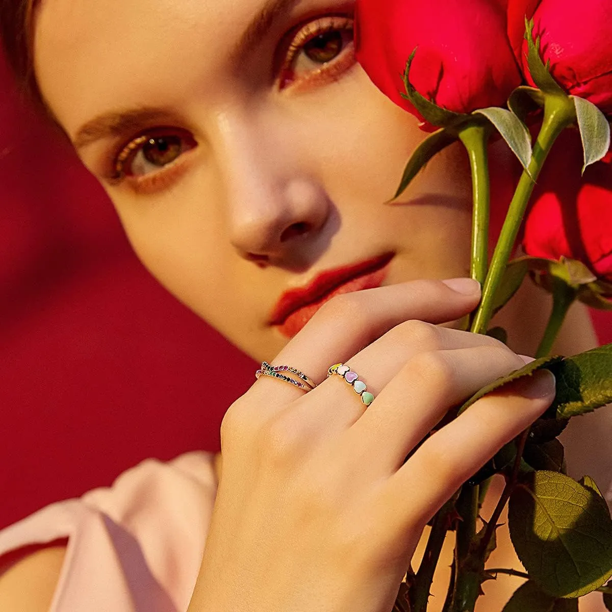 925 Sterling Silver Rainbow Heart Rings for Women Teen Girls Hypoallergenic Dainty Colorful Heart Finger Rings Promise Ring for Her Birthday Valentine's Day Christmas Gifts