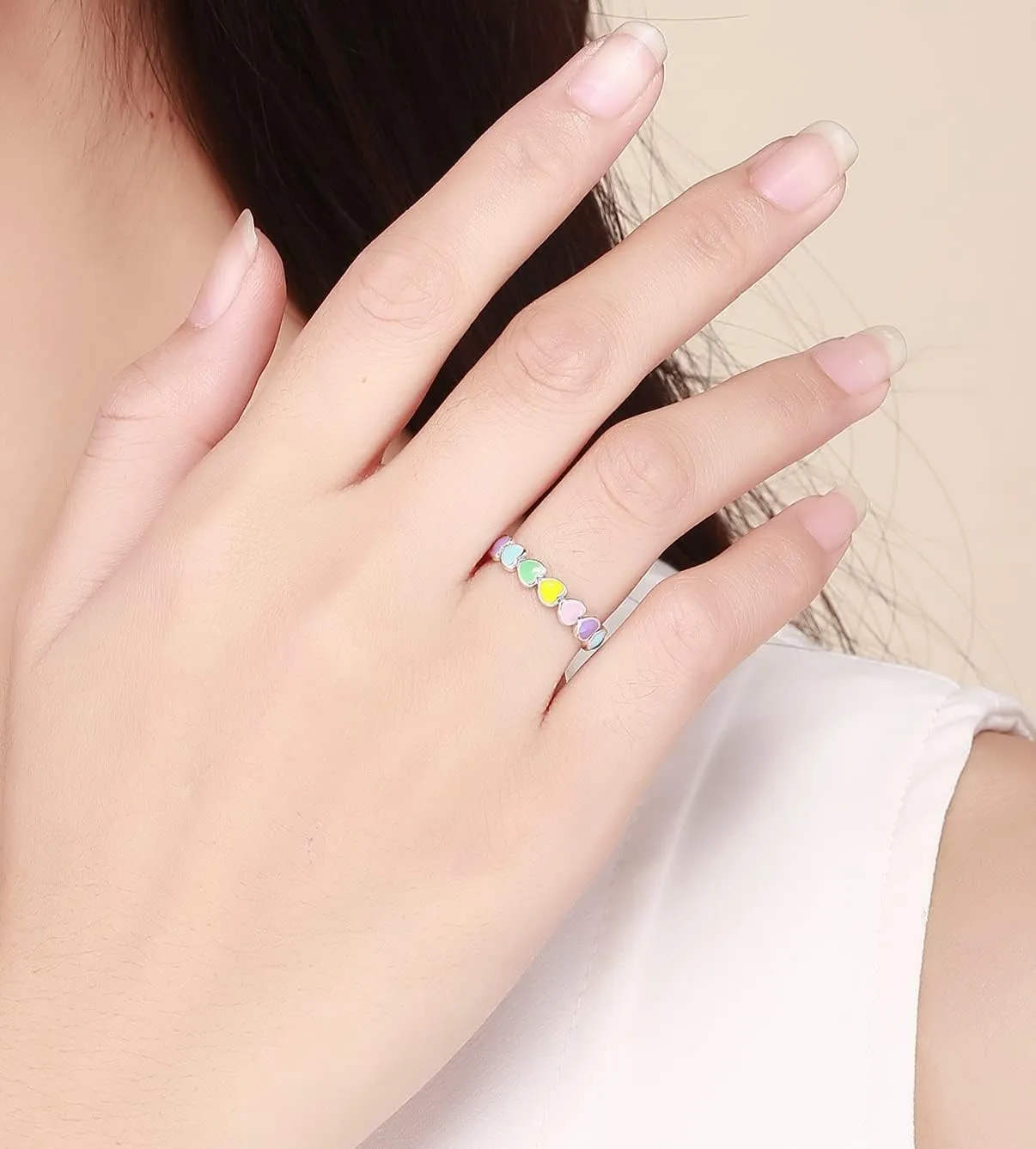 925 Sterling Silver Rainbow Heart Rings for Women Teen Girls Hypoallergenic Dainty Colorful Heart Finger Rings Promise Ring for Her Birthday Valentine's Day Christmas Gifts