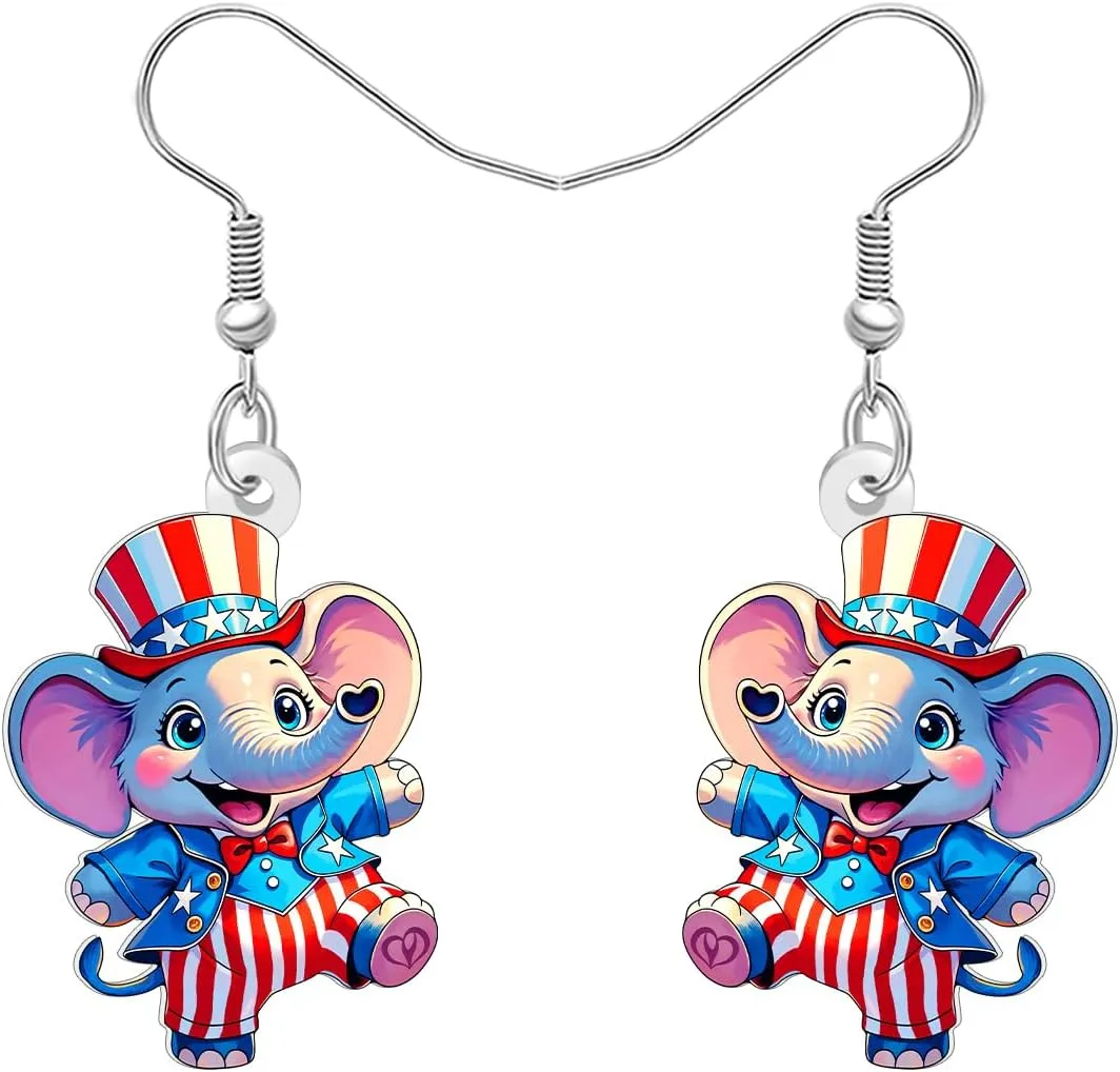Acrylic Anime 4th of July Elephant Earrings Outfit American Flag Hat Patriotic Earrings Dangle Quirky Jewelry Funny Elephant Gifts for Women Animal Lovers