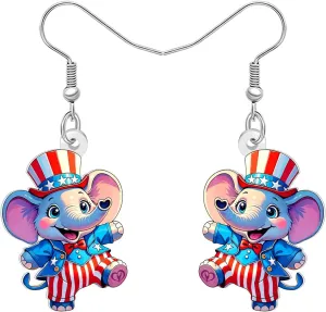Acrylic Anime 4th of July Elephant Earrings Outfit American Flag Hat Patriotic Earrings Dangle Quirky Jewelry Funny Elephant Gifts for Women Animal Lovers