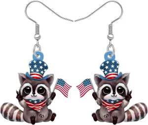 Acrylic Cute 4th of July Raccoon Earrings Outfit American Flag Hat Patriotic Earrings Dangle Quirky Jewelry Funny Raccoon Gifts for Women Animal Lovers