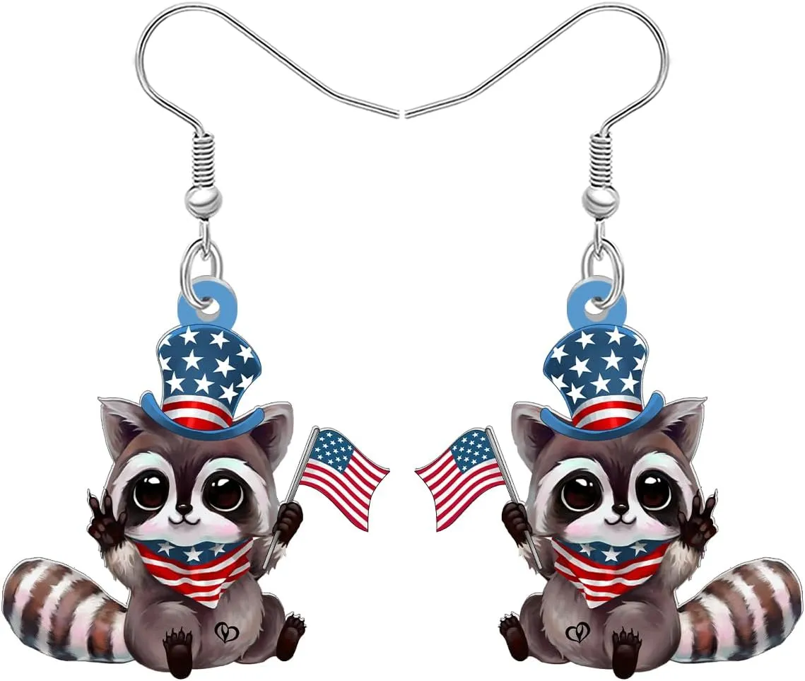 Acrylic Cute 4th of July Raccoon Earrings Outfit American Flag Hat Patriotic Earrings Dangle Quirky Jewelry Funny Raccoon Gifts for Women Animal Lovers