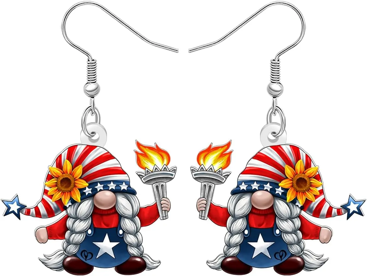 Acrylic Funny 4th of July Gnome Earrings Outfit American Flag Hat Patriotic Earrings Dangle Independence Day Unique Jewelry Dwarf Gnomes Gifts for Women Accessories