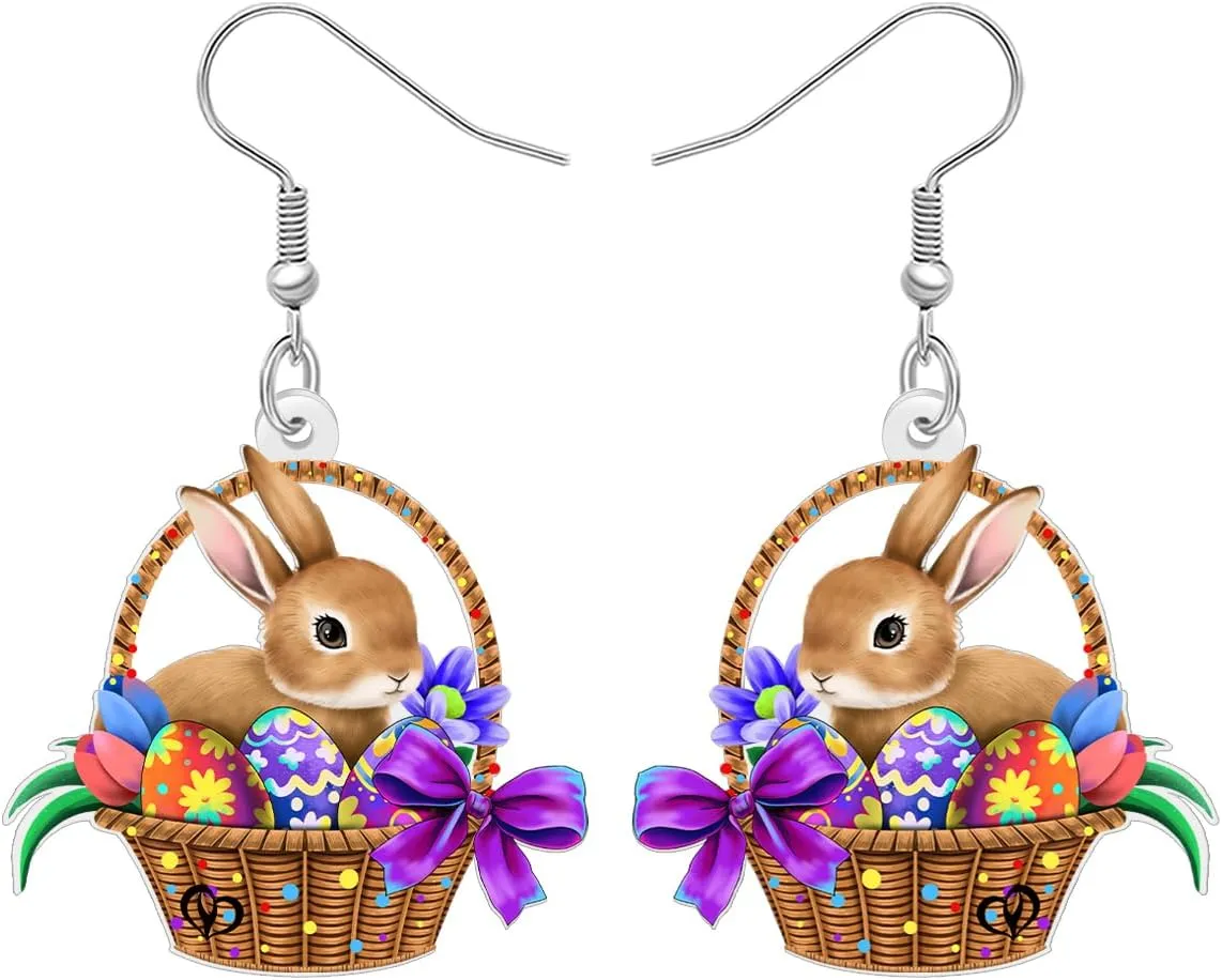Acrylic Funny Easter Eggs Gift Bunny Rabbit Basket Earrings Cute Spring Animal Hare Dangle Earrings Hypoallergenic Drop Jewelry for Women Festive Holiday Party Charms