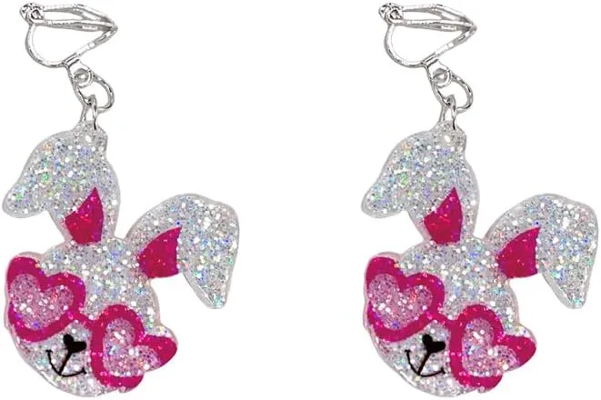 Acrylic Glitter Rabbit Clip on Earrings for Women Cute Pink Funny Bunny Dangle Drop Non Pierced Ears Statement Dangling Hypoallergenic Accessories Costume Easter Holiday Party Festive Jewelry