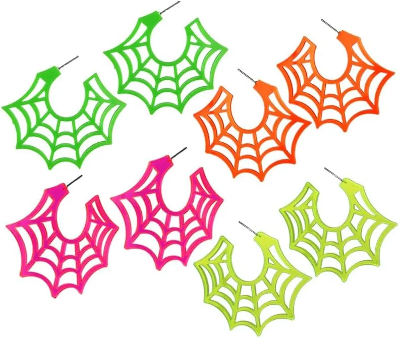 Acrylic Neon Halloween Spider Web Earrings Unique Colorful Spider Web Hoop Stud Earrings Retro 70s 80s Web Hoop Halloween Holiday Festive Party Glow Party Costume Jewelry Gifts
