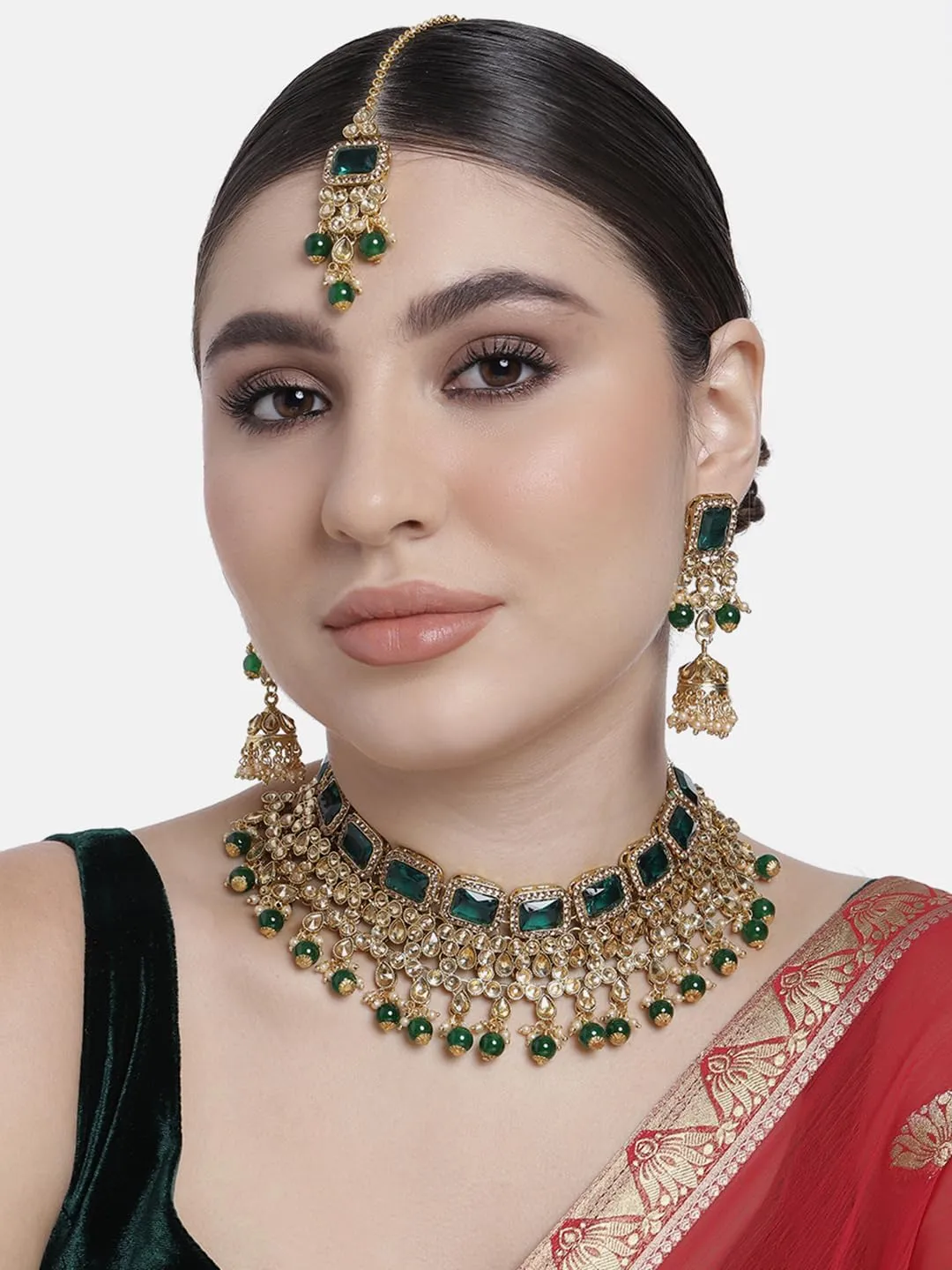 Aheli Kundan and Simulated Colored Stones Indian Ethnic Maang Tikka Necklace and Earrings Set Bollywood Festive Statement Jewelry Gift for Women