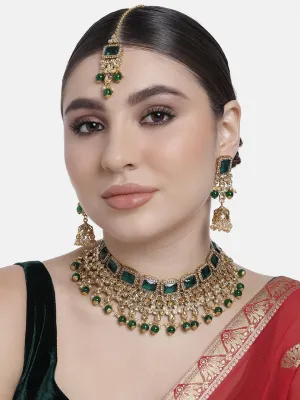Aheli Kundan and Simulated Colored Stones Indian Ethnic Maang Tikka Necklace and Earrings Set Bollywood Festive Statement Jewelry Gift for Women