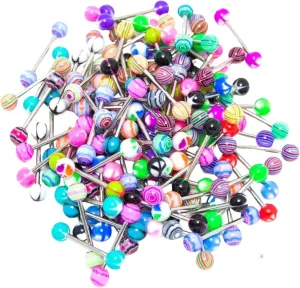 AINIFU 50Pcs Disposable Beautiful Colorful Women Tongue Ring Bar Stud Random Color Tongue Rings Stainless Steel Barbells Piercing Jewelry