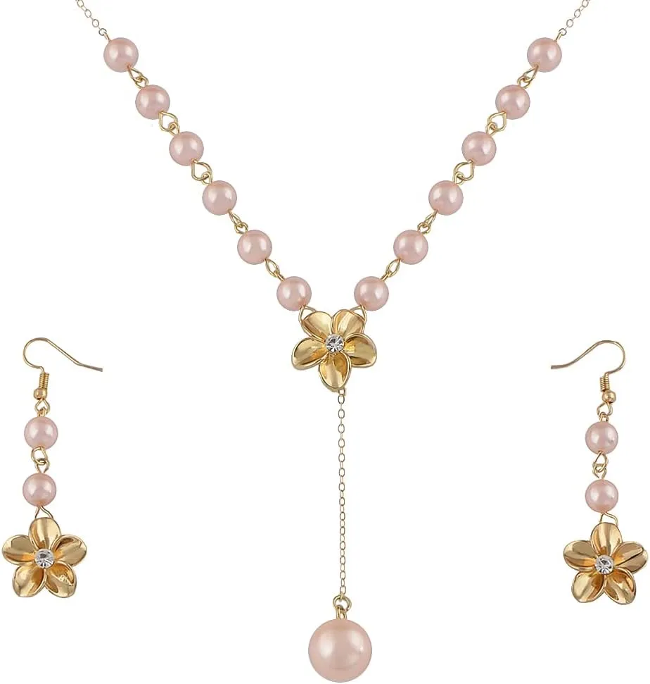 Alilang Silvery Tone Pink Rhinestones Purple Hawaiian Flower Necklace Earrings Set