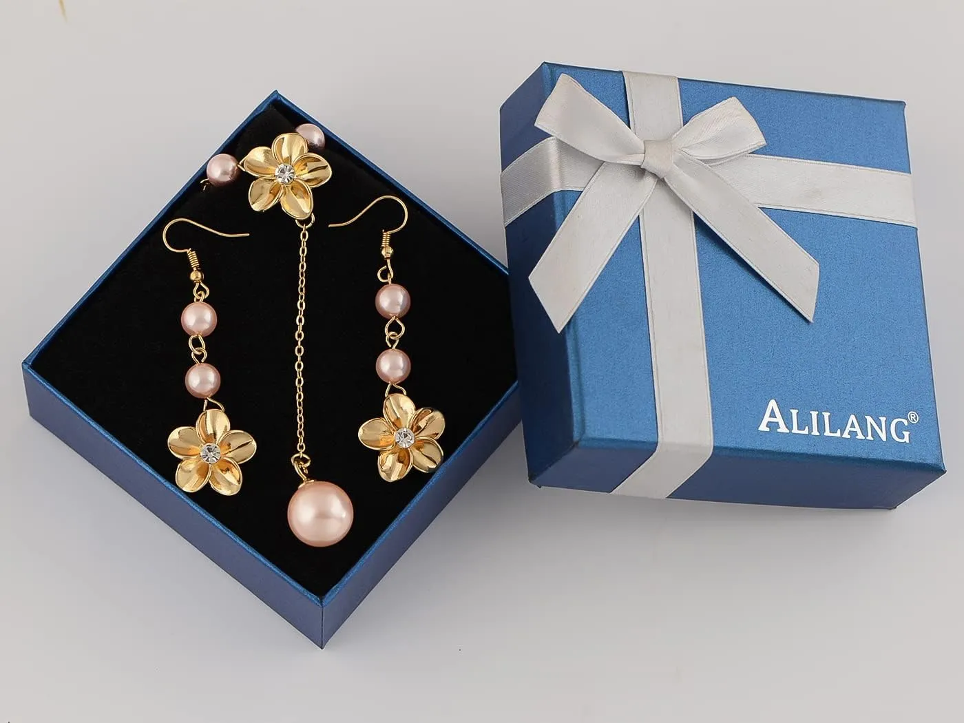 Alilang Silvery Tone Pink Rhinestones Purple Hawaiian Flower Necklace Earrings Set