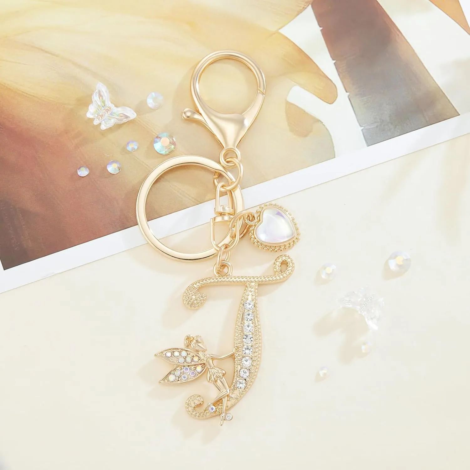 Alphabet Initial Letter Keyring Keychain for Women Girls Gold Plated Crystal Key Chains for Wallet Backpack