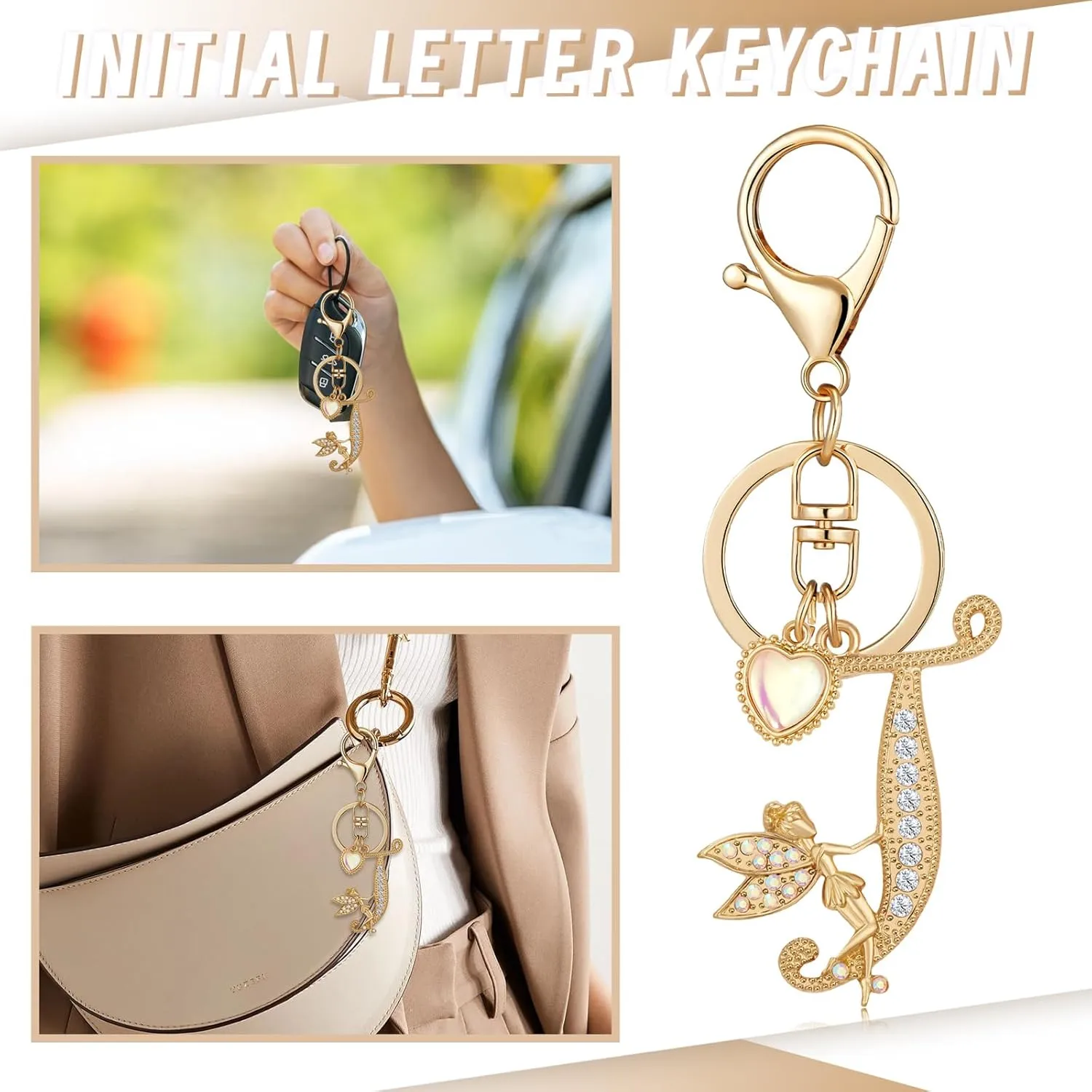Alphabet Initial Letter Keyring Keychain for Women Girls Gold Plated Crystal Key Chains for Wallet Backpack