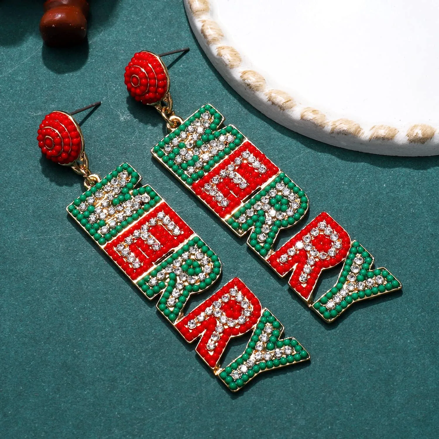 ANGLESJELL Christmas Earrings for Women Holiday Rhinestone Reindeer Dangle Earrings Xmas Jingle Bells Beaded Earrings Christmas Festive Party Jewelry Gifts